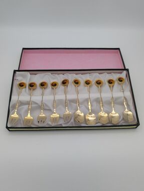 Vintage (1990s)  Gold Plated Spoon/Fork Gift Set w/ Enamel Taegeuk Swirl Symbol
